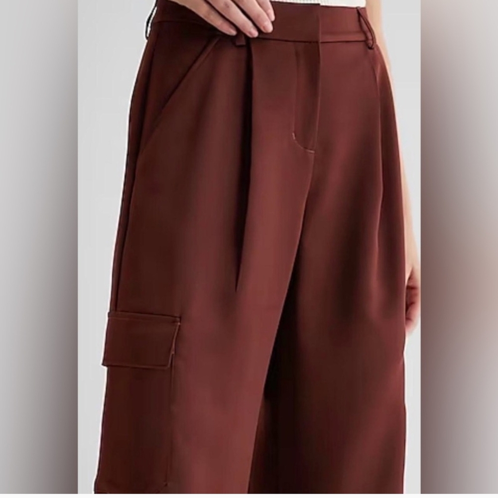 NWT Express Satin High-Waisted Cargo Pants | Size 6R | Rum Raisin